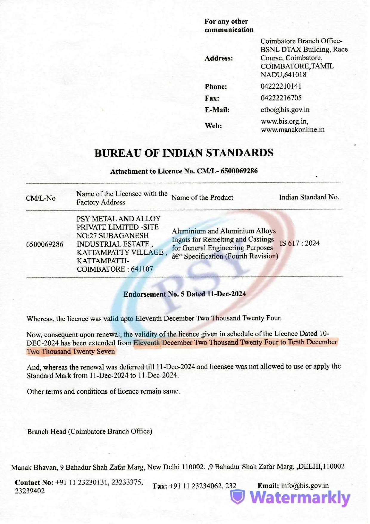 BIS 617 Renewal Certificate 2024-2027