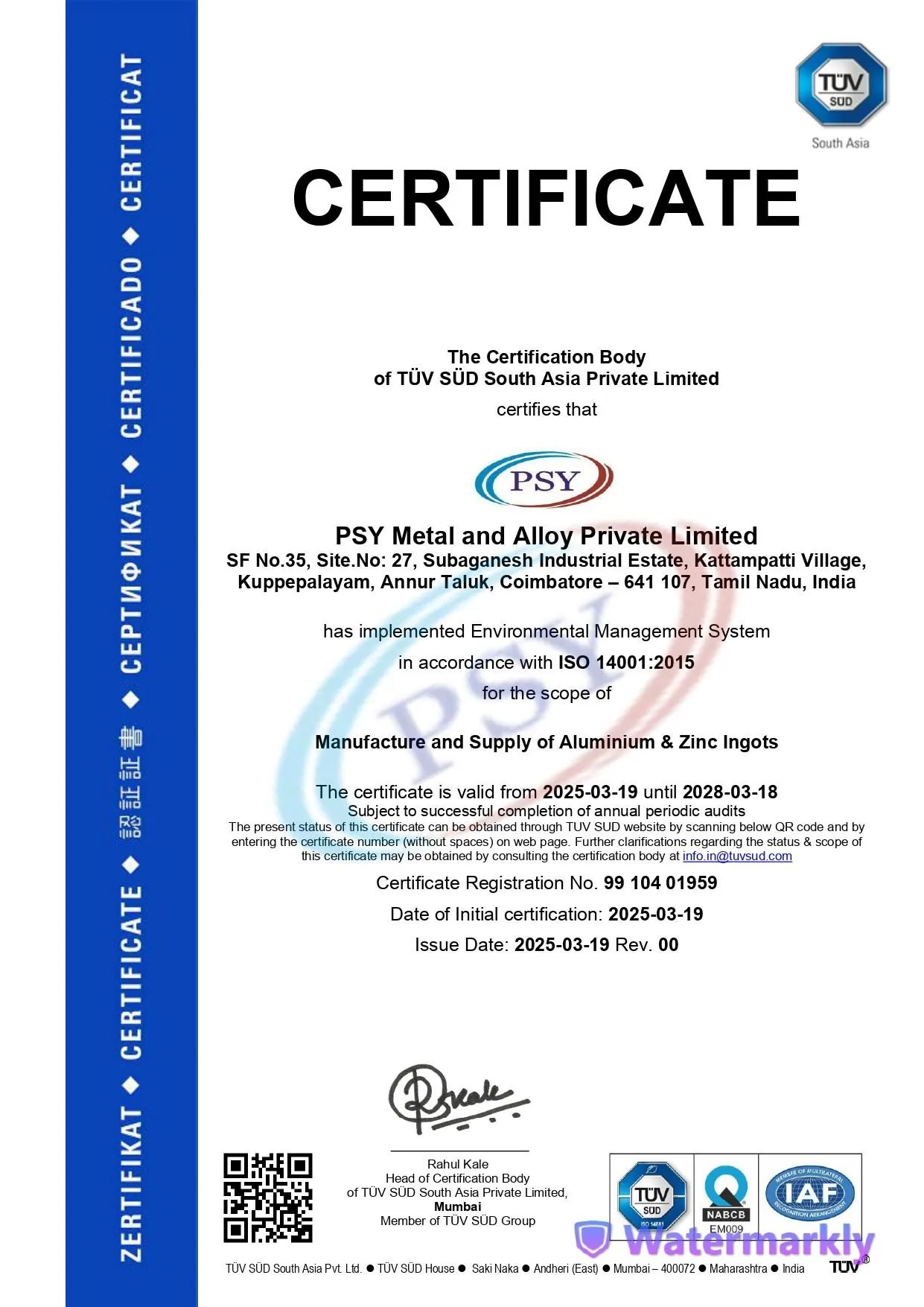 ISO 14001:2015 certificate