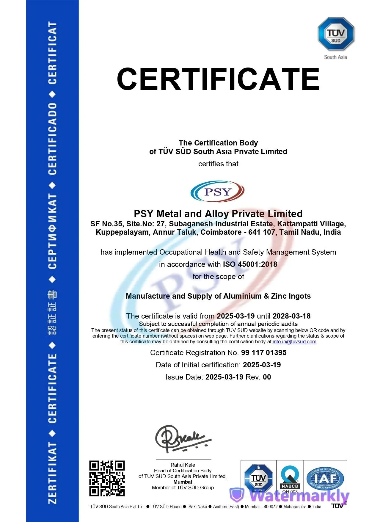 ISO 45001:2018 certificate