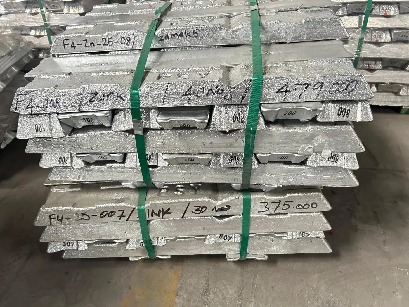 Zinc alloy ingots stamped and bundled